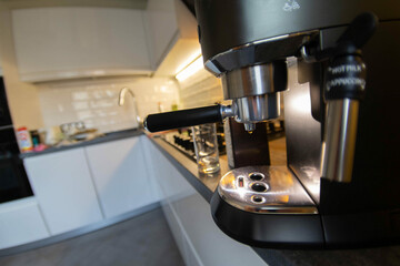 coffee machine in modern kitchen, fisheye lens effect