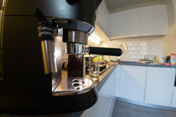 coffee machine in modern kitchen, fisheye lens effect
