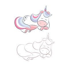 Cute sleeping unicorn on a white background. Vector illustration of funny animals isolated. Beautiful card for girls