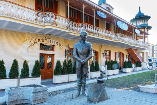 Pyatigorsk, Russia - February 12, 2022. Monument to Kisa Vorobyaninov naer Flower Garden park. A popular literary character from the novel The Twelve Chairs by Ilf and Petrov