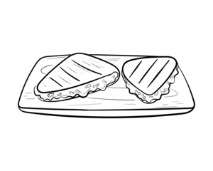 Vector doodle illustration of quesadilla on wooden board, mexican spicy food isolated on white.