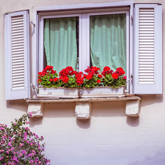 Fototapeta na wymiar White framed window with red geranium flowers decoration, Athens Greece