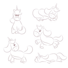 Cute unicorn set. Kids coloring page. Hand drawn vector illustration.