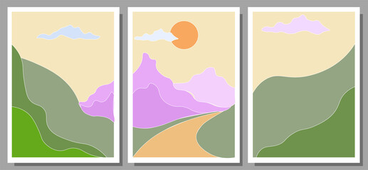 Set of three Abstract Aesthetic modern landscape Contemporary boho poster cover template. Minimal and natural Illustrations for art print, postcard, wallpaper, wall art.