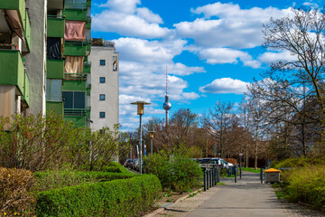 Berlin, Germany: A view on Berliner TV Tower from dormitory area of Wedding district. 