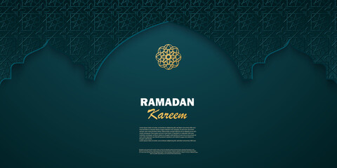 Eid Mubarak Islamic Arabic green arch pattern background with geometric ornament. Template for poster, postcard, invitation. Vector - obrazy, fototapety, plakaty