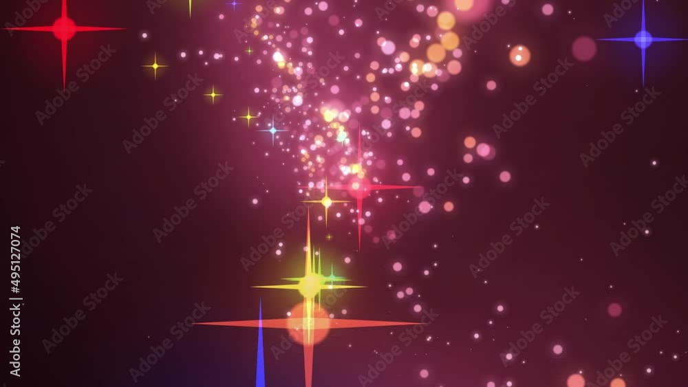 Poster futuristic fireworks of multi-colored particles similar to stars and balls in neon light rays. backg
