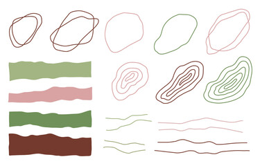 Set of abstract organic shapes curled lines natural texture. Vector clipart elements of nature collage figures for landscape posters packaging branding