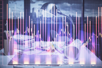 Double exposure of stock market graph drawing and office interior background. Concept of financial analysis.