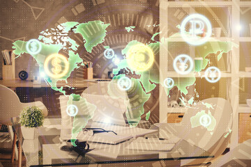 Multi exposure of stock market chart drawing and office interior background. Concept of financial analysis.