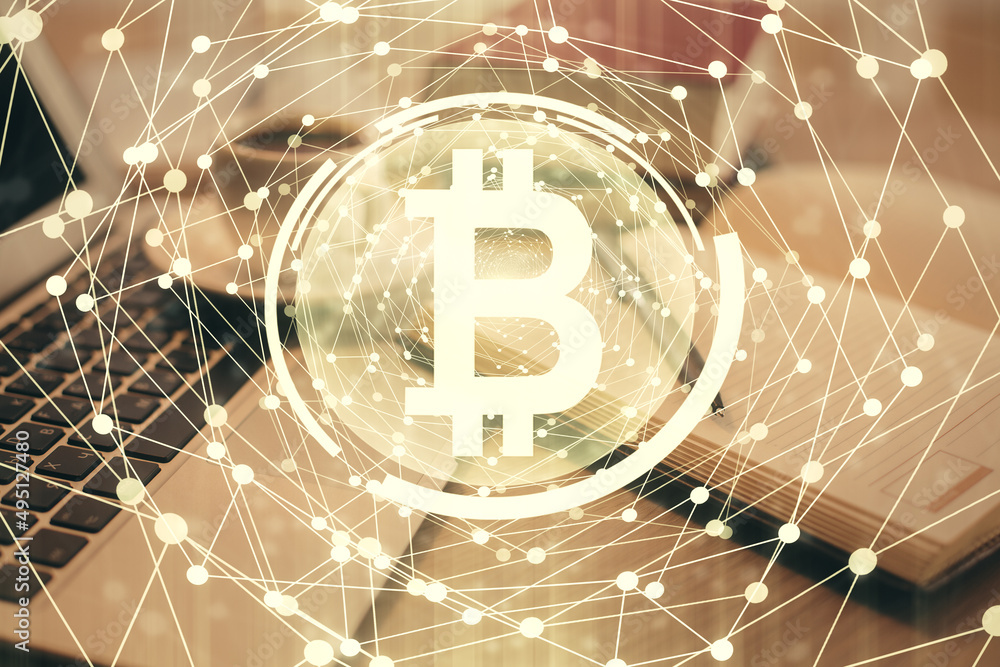 Aufkleber Double exposure of crypto technology drawing and desktop with coffee and items on table background. Concept of blockchain