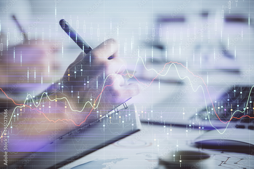 Poster double exposure of forex graph drawing over people taking notes background. concept of financial ana