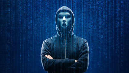 Hacker over Abstract Digital Background with Elements of Binary Code and Computer Programs. Concept of Data thief, internet fraud, darknet and cyber security.