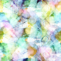 Seamless seventies tie dye bokeh texture. Hippie summer repeat background with ink dyed effect. 