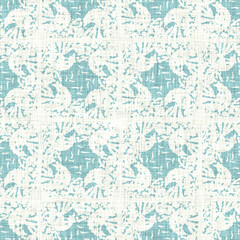 Aegean teal geo grid patterned linen texture background. Summer coastal living style wash check fabric effect. Sea green wash grunge distressed geometric grid. Home decor textile seamless pattern