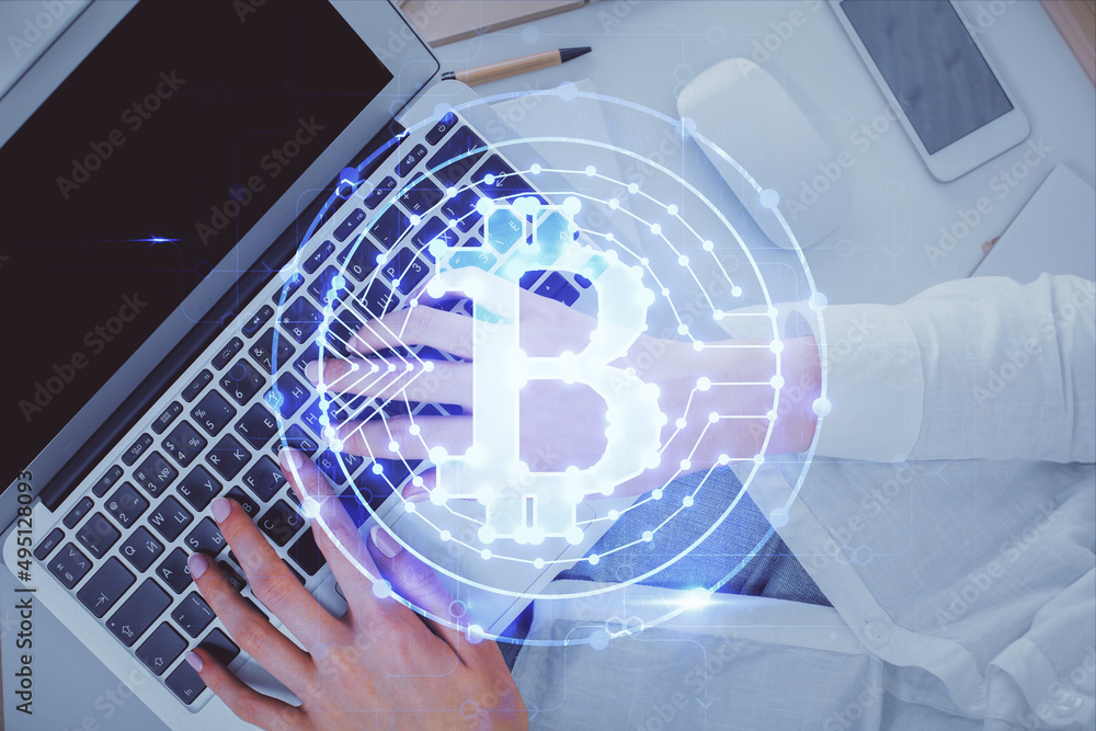 Poster Double exposure of woman hands working on computer and blockchain theme hologram drawing. Top View. bitcoin cryptocurrency concept.