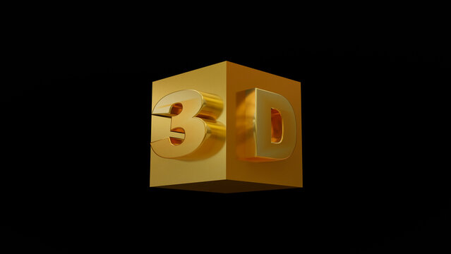 golden cube with relief of the number 3 and the letter d, black background, 3d concept, 3d rendering