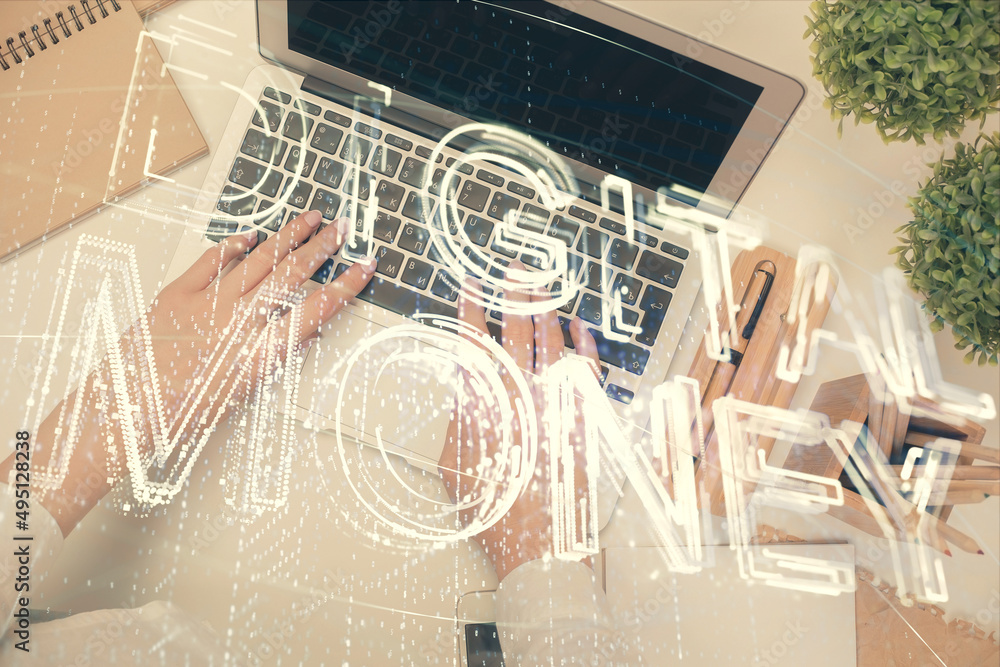 Poster Double exposure of woman hands working on computer and blockchain theme hologram drawing. Top View. bitcoin cryptocurrency concept.