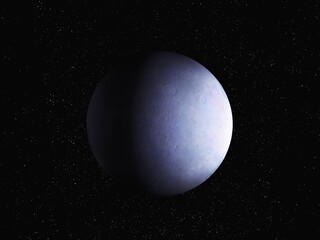 Stone planet with a solid surface on a black background with stars. Large secondary planet covered with ice.