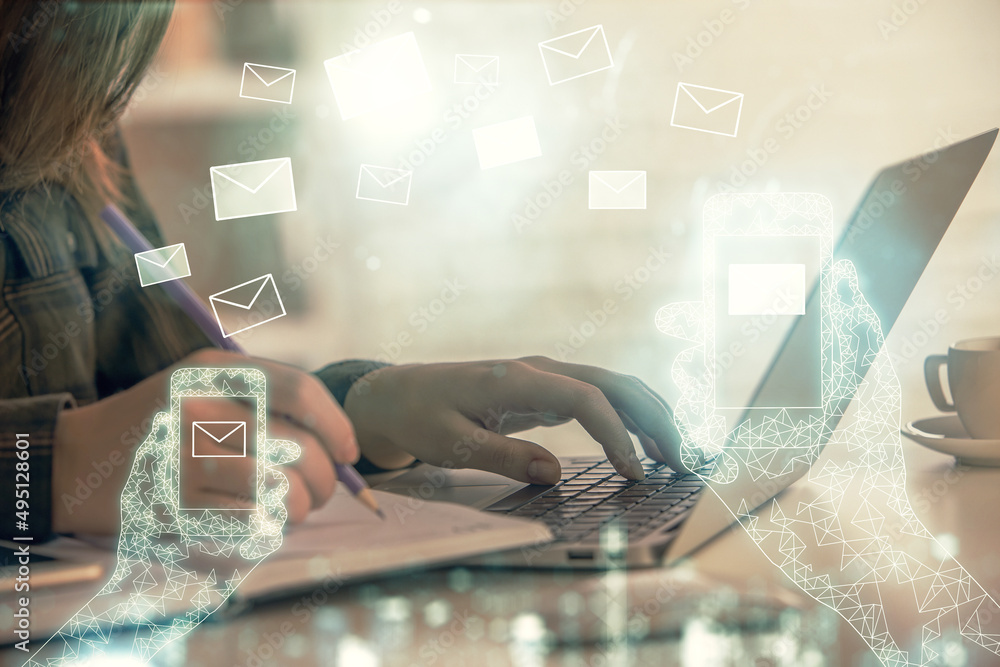 Poster double exposure of woman hands typing on computer and flying envelop drawing. e-mail concept.