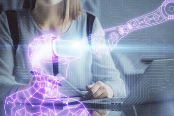 Double exposure of woman hands typing on computer and man in AR glasses drawing. Education concept.