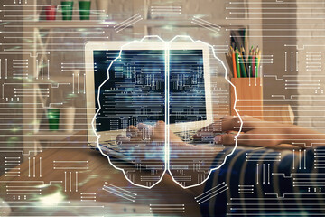Double exposure of woman hands working on computer and brain hologram drawing. Ai concept.