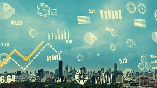Business data analytic interface fly over smart city showing alteration future of business intelligence. Computer software and artificial intelligence are used to analyze big data for strategic plan .