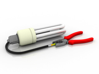 3d rendering Fiber optical cable detail connected CFL bulb with cutting player
