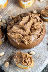 nut food on a cutting wooden board in the kitchen