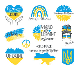 Pray for Ukraine, stop war, Freedom for the Ukraine, Stand with Ukraine set vector design illustration
