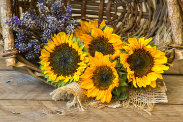 sunflowers and lavender in a basket