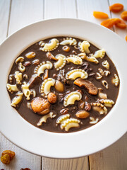 Blood soup with offal and sun dried fruits on wooden table