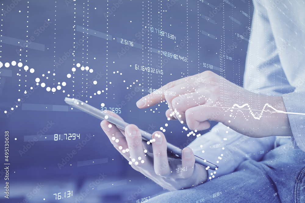 Aufkleber Multi exposure of man's hand holding and using a digital device and data theme drawing. Innovation concept.