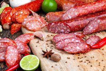 sliced pieces of sausage from meat are lying on a cutting board