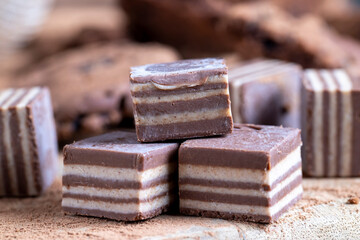 multi-layered sweets made of cream and chocolate layers