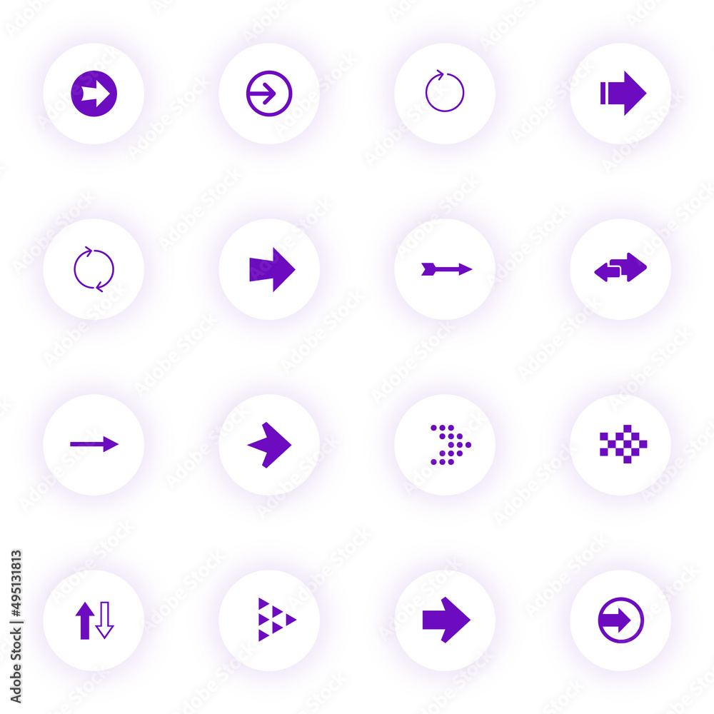 Poster arrows purple color vector icons on light round buttons with purple shadow. arrows icon set for web,