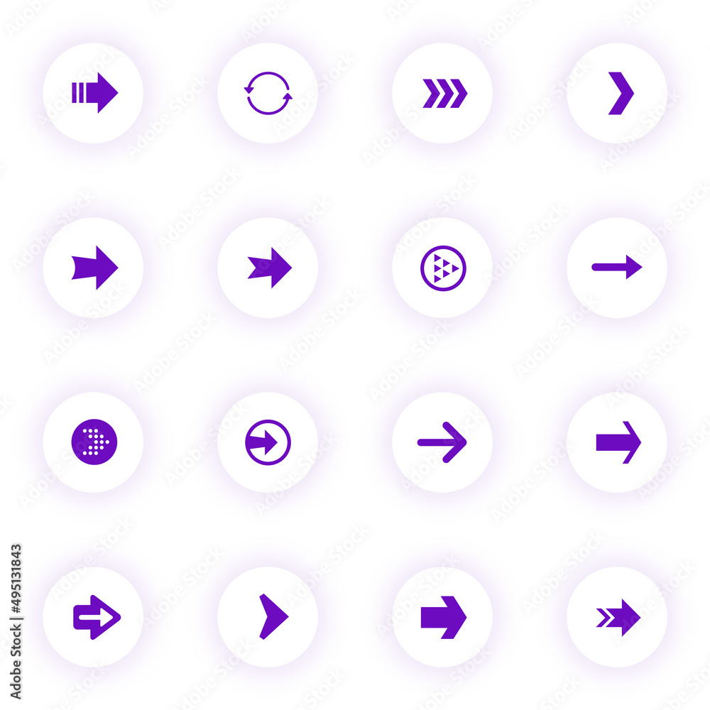 Poster arrows purple color vector icons on light round buttons with purple shadow. arrows icon set for web,