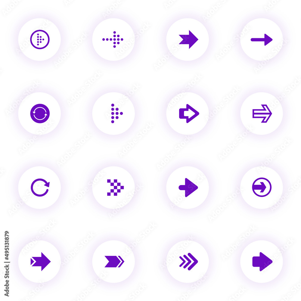 Poster arrows purple color vector icons on light round buttons with purple shadow. arrows icon set for web,