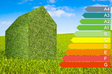 Buildings energy efficiency. Concept with home thermally insulated with natural grass and energy...