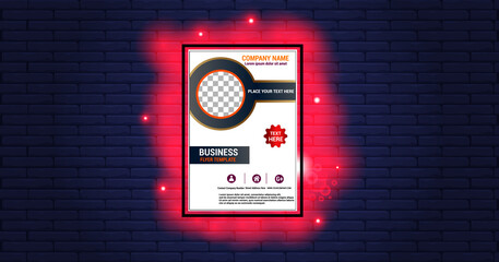 background bricks and company banners with red neon surrounding it