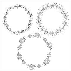 Set of Frames of Circle Border Wreath and Flowers for Logo Design, Wedding Decoration, Monograms and Silhouette Cut Files