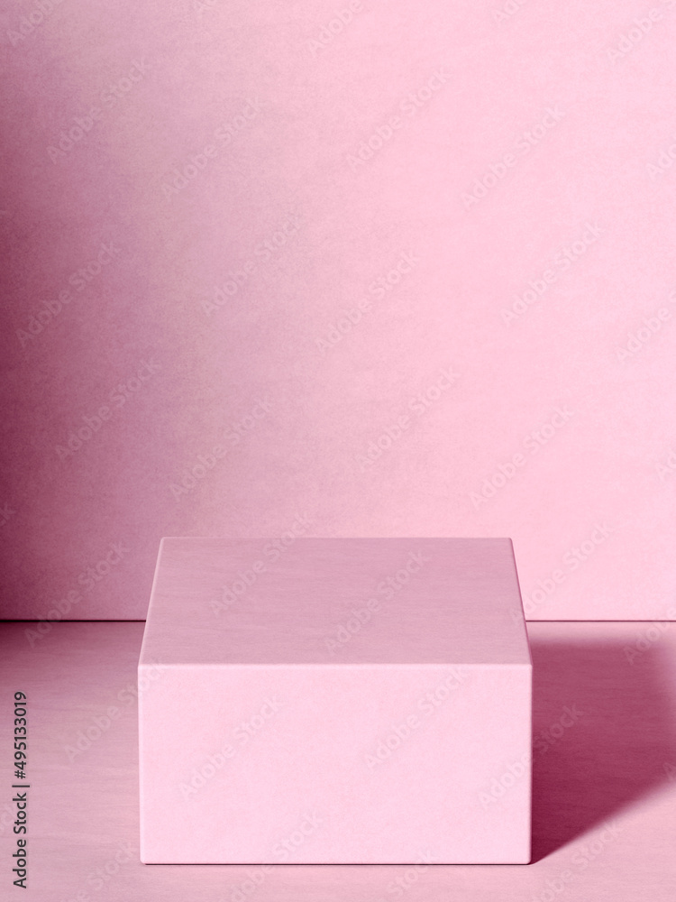 Poster shaded pink cube pedestal. 3d computer graphic template of displaying place for your products.