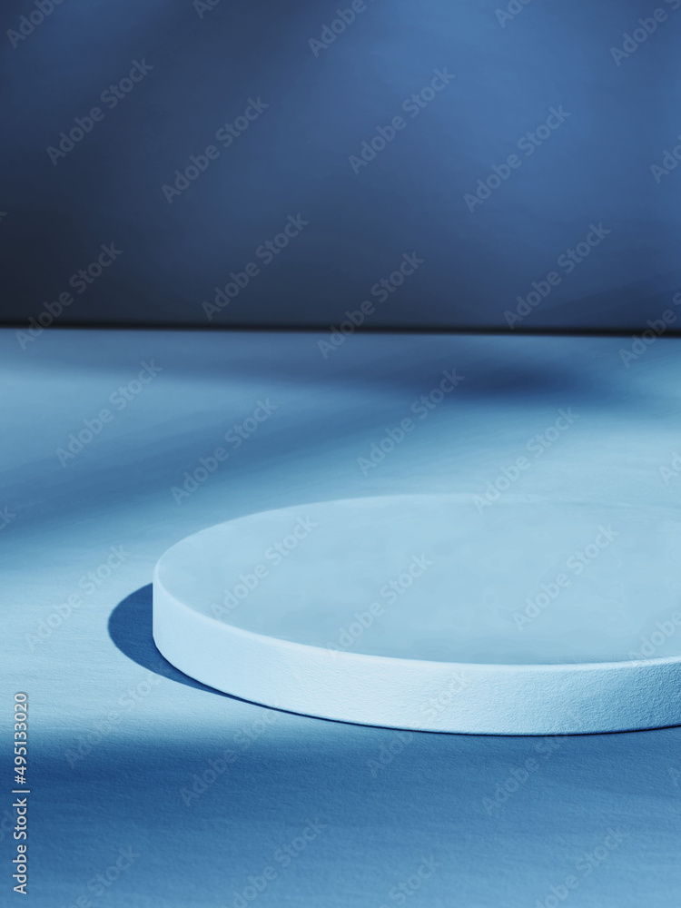 Poster flat round elevated base, blue toned image. 3d computer graphic template of displaying place for you