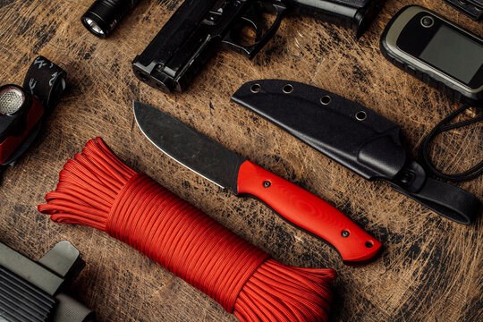 top view of survival kit is useful to have in the event of an emergency such as floods,fires,earthquakes,hurricanes and other natural disasters.