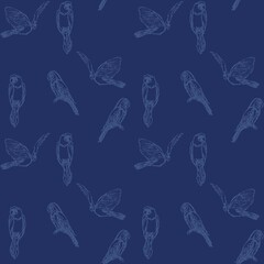 Illustration pattern parrots with indigo denim colors and blue background fashion style