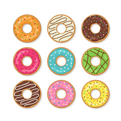 Fototapeta premium Glazed donuts with glossy icing. Top view of doughnuts. Set sweet birthday pastry. Confectionery dessert . Chocolate confectionery isolated on white background. Flat design. Vector illustration.