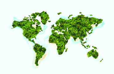 Green world map made up of various trees on solid  background vector illustration