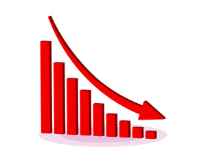 Red 3d arrow going down stock icon on white background. Bankruptcy, financial market crash icon for your web site design, logo, app, UI. graph chart downtrend symbol.chart going down sign.