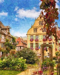 Colorful painting modern artistic artwork, drawing in oil European famous street view, beautiful old vintage house, textured brush strokes, design print for canvas or paper poster, touristic product