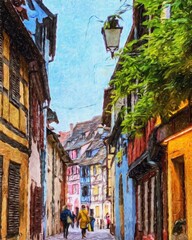 Fototapeta na wymiar Colorful painting modern artistic artwork, drawing in oil European famous street view, beautiful old vintage house, textured brush strokes, design print for canvas or paper poster, touristic product